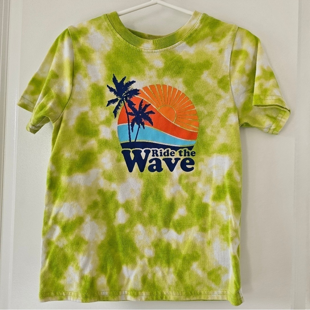 Kid's 5T Lime Green Tie Dye Ride the Wave Sunset Graphic T-Shirt Retro Summer